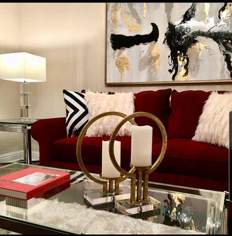 Red Gold And Silver Living Room, Red Black And Gold House Decor, Black Red Gold Living Room Ideas, Black White Red And Gold Living Room, Red And Gold Office Decor Ideas, Red Black And Gold Living Room Ideas, Red And Gold Living Room Decor, Red Furniture Living Room Ideas, Living Room Red Couch