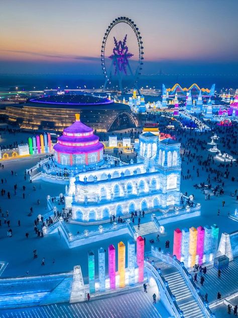 🇨🇳Travel in China❤️ | 🌟 **Harbin Ice and Snow World 2024 is ready | Facebook Ice City Aesthetic, Harbin Ice And Snow Festival, Harbin Ice Festival, Ice Festival China, Elf Architecture, Snow In China, China Cities, Chinese Cities, Festivals In China