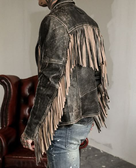 Cowboy Fringe, Vintage Cowboy Outfit Men, Fringe Leather Jacket Outfit, Mens Fringe Jacket, Queer Cowboy Outfit, Goth Cowboy Men, Cowboy Runway Fashion, Fringe Jacket Outfit, Leather Vest Outfit