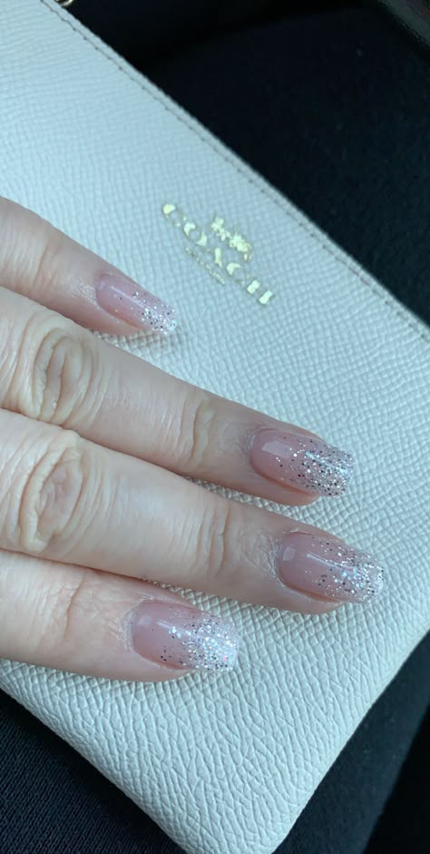 Light Pink And Glitter Nails, Pink And Silver Nails Prom, Nails For A Silver Dress, Birthday Silver Nails, Birthday Nails Squoval, Pink Silver Ombre Nails, Glitter Ombre Nails Square, Ombre Glitter Nails Acrylic, Pink Silver Prom Nails