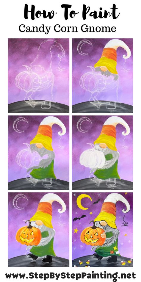 Jack-O-Lantern - Candy Corn Gnome - Step By Step Painting Tutorial Fall Painting Tutorial Step By Step, Step By Step Fall Painting, Step By Step Gnome Painting, How To Paint Gnomes On Canvas, Easy Gnome Paintings On Canvas, Fall Nomes Painting, Candy Corn Painting On Canvas, Gnome Halloween Painting, Candy Corn Gnome