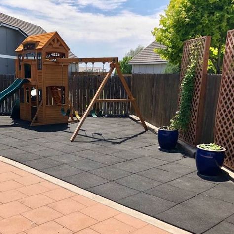 Driveway Play Area, Rubber Playground Flooring Outdoor, Playground Ground Cover Ideas, Backyard Playground Flooring, Garden Flooring Ideas, Playground Flooring Outdoor, Rubber Playground Flooring, Playground Rubber Mulch, Kids Garden Play Area