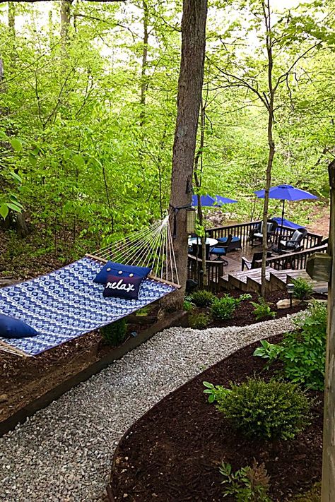 Hammocks - All you need to conquer your day, night and world - Anything and Everything! - Click to visit TODAY! Outside Hammock Area, Hammock In Woods, Hammock In The Woods, Outdoor Hammock Ideas, Woodland Yard, Beach Theme Backyard, Deck Hammock, Modern Hammock, Cabin Backyard