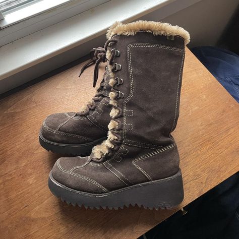 Vintage womens dark brown rare REPORT lace up boots... - Depop Vintage Boots Aesthetic, Cute Brown Boots, Winter Boots Aesthetic, Brown Lace Up Boots, Stylish Winter Boots, Fall Winter Shoes, Funky Shoes, Girly Shoes, Swag Shoes