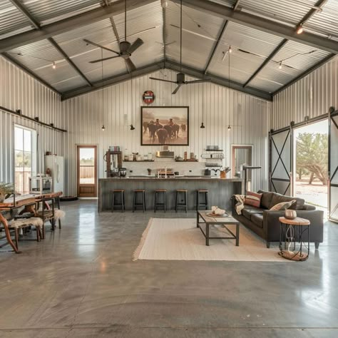 Love them both #barndominiumplans #barndoenvy #barndominiumenvy #barndominiumexperts #barndominiumfloorplans #canada #barndominium #barndoenvy #bandoandco Barndominium Ideas Open Concept, Colors Of Barndominiums, Open Plan Barndominium, Barndominium Cement Floors, Pole Barn Hangout Ideas, Barndominium Rustic Interior, Rv Barndominium Ideas, Small Shop House Interior, Bardiminium House Interior