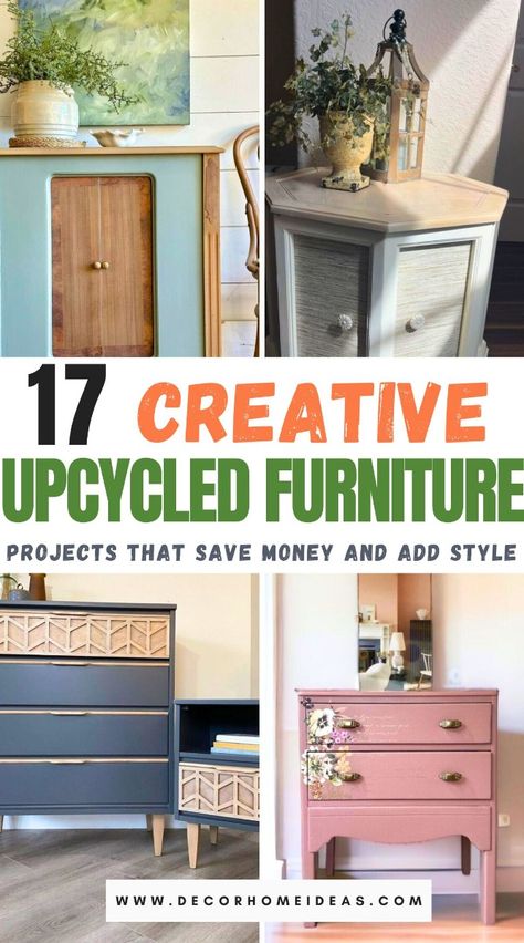 Discover 17 ingenious upcycled furniture projects that effortlessly blend style with sustainability. From transforming old doors into chic tables to turning pallets into stylish outdoor seating, these DIY ideas not only save money but also give your home a unique, personalized touch. Explore now and get inspired to revamp your space creatively! Boho Furniture Flip, Recycle Furniture Ideas Diy Projects, Upcycled Wooden Furniture, Recycled Furniture Upcycling, Accent Furniture Ideas, Old Furniture Makeovers, Upcycling Furniture Ideas, Upcycle Home Decor, Old Furniture Makeover