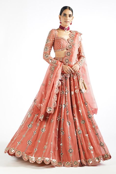 Buy Vvani by Vani Vats Pink Flower Linear Embroidered Lehenga Set Online | Aza Fashions Celina Jaitley, Vani Vats, Peach Lehenga, Lehenga Dupatta, Mirror Work Blouse, Scallop Border, Organza Blouse, Organza Flowers, Pink Lehenga