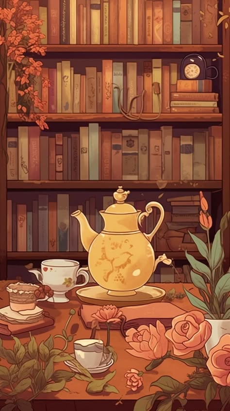 Aesthetic Tea Wallpaper, Tea Pot Wallpaper, Books And Tea Wallpaper, Bookish Wallpapers Aesthetic, Cozy Book Illustration, Tea Pots Aesthetic, Brown Backgrounds Aesthetic, Cute Cozy Wallpapers, Cottage Core Wallpaper Iphone Fall