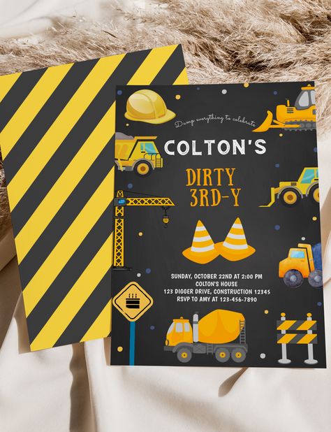 Digger Birthday, Dump Truck Birthday Party, Construction Invitations, Construction Birthday Invitations, Dump Truck Birthday, Birds Design, 2nd Birthday Invitations, Construction Party, Construction Birthday