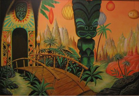 Tiki Mural on a wall Tiki Mural, Rockabilly Art, Tiki Style, Tiki Bars, Lounge Music, Tiki Lounge, Tiki Art, Room Wall Painting, Mystery Stories