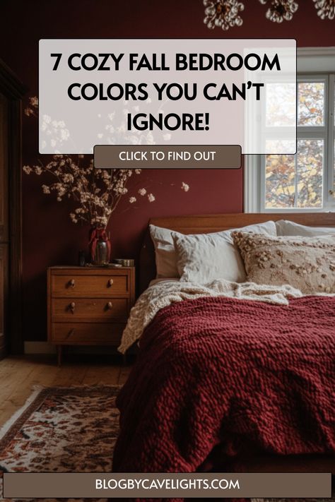 💡 Illuminate your bedroom ideas this season with vibrant fall bedroom inspiration and the latest autumn color analysis. These color picks will make your space feel warm and welcoming. [Discover the perfect colors] Fall Bedroom Decor Autumn, Burgundy Bedroom Decor, Wine Bedroom, Autumn Color Analysis, Maroon Bedroom, Burgundy Bedroom Ideas, Rustic Farmhouse Bedroom Ideas, Warm Bedroom Ideas, Warm Bedroom Colors