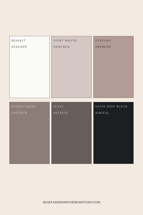 Elegant Color Palettes with a Touch of Pink — Heart + Honey Design Studio Tan Pink Black Color Scheme, Elegant Pink Color Palette, Dusty Pink Neutral Color Palette, Mauve Neutral Color Palette, Neutral Color Palettes, Mauve Hex Code, Mauve Branding Color Palette, Hotel Website Design, Blush Color Palette