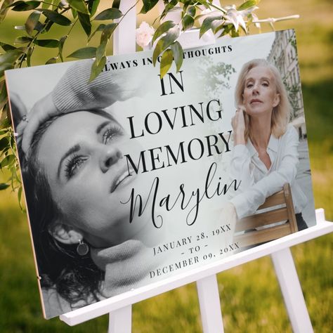 'In Loving Memory' Memorial Before & After Photo Foam Board  Zazzle Graveside Decorations Diy Memorial, Diy Memorial Ideas For Loved Ones, Memorial Board, Condolence Flowers, Heart Shaped Photo Collage, Urn Arrangements, Handwritten Calligraphy, Picture Boards, Rope Crafts Diy