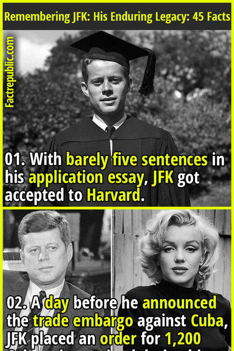 01. With barely five sentences in his application essay, JFK got accepted to Harvard. #president #usa #america #unitedstates #cuba #didyouknow #history #jfk #johnkennedy #affairs #popular #famous Jfk Assasination Pictures, Young Jfk, Parkland Hospital, Jfk Assasination, National Geographic Expeditions, Application Essay, Fact Republic, Cuban Missile Crisis, Addisons Disease