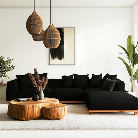 organic_modern_living_room_black_couch (20) Living Room With Black Couch, Charcoal Sofa Living Room, Black Sectional Living Room, Black Couch Decor, Black Couch Living Room Decor, Cowhide Rug Living Room, Black Sofa Living Room Decor, Black Couch Living Room, Black Sofa Living Room