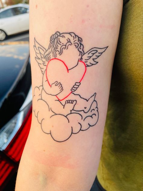 Butterfly And Clouds Tattoo, Happy Cloud Tattoo, Cloud 9 Tattoo, Angel With Heart Tattoo, Angel In Clouds Tattoo, Angel Tattoo Designs For Women Beautiful, Cloud Shoulder Tattoo, Angel Cloud Tattoo, Earth Angel Tattoo