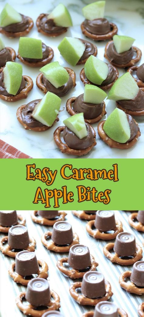 Mini Caramel Apples Bites, Apple Snacks For Preschool, Mini Caramel Apple Dippers, Apple Caramel Pretzel Bites, Apple Slice Snacks, Pretzel Rolo Bites Apple, October Birthday Treats For School, Mini Birthday Treats, Mini Caramel Apples Pops