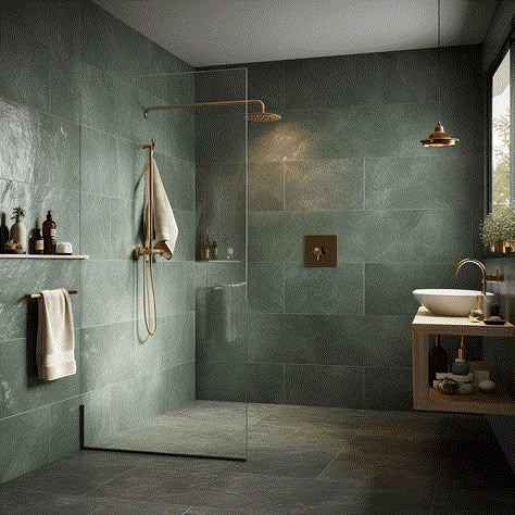 Sage Green Bathroom Ideas: Stunning, Unique Designs You'll Love Green Bathroom Aesthetic, Dream Bathrooms Modern, Green Bathroom Tile Ideas, Sage Green Bathroom Ideas, Green Bathroom Paint, Green Shower Tile, Brown Tile Bathroom, Sage Green Bathroom, Unique Bathroom Tiles