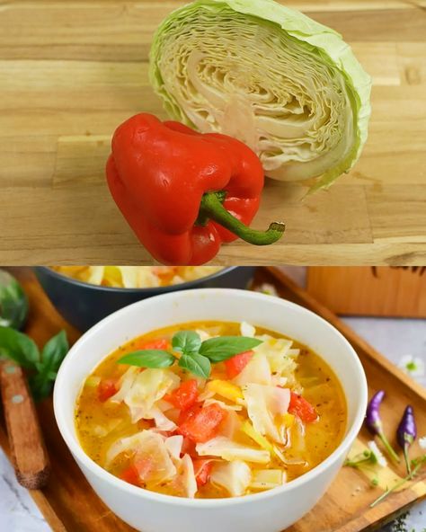 This Cabbage Fat-Burning Diet Soup is a nutritious and flavorful option, perfect for detoxing or as a light meal. Packed with fresh vegetables like cabbage, onions, carrots, and bell peppers, this low-calorie soup is a great way to boost your vegetable intake while enjoying a delicious meal. Preparation Time: Total Time: Approximately 40 minutes Ingredients: 2 tbsp olive oil 1 onion, chopped 2 carrots, chopped 2 stalks celery, chopped 1 red bell pepper, chopped 2 cloves garlic, minced 1½ tsp dri Cabbage Fat Burning Soup, Bell Pepper Soup, Cabbage Soup Diet Recipe, Diet Soup, Diet Soup Recipes, Low Calorie Soup, Potato Patties, Cabbage Soup Diet, Fat Burning Diet