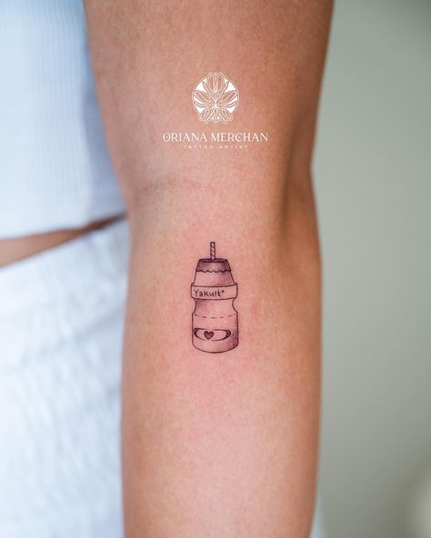 Yakult Yogurt  Insta: @orimerchan  #tattooartist #tattoolife #MiamiTatto #tattooinspo #smalltattoos #fineline #singleneedle #yakult #korea Yogurt Tattoo, Yakult Tattoo, Little Simple Tattoos, Yakult Drink, Drink Tattoo, Tattoo Korean, Dainty Tattoo, Korean Tattoo, Korean Tattoos