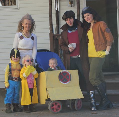 90s Cartoon X-men Halloween Costumes. Including Professor X in the stroller. Wolverine, Storm, Jubilee, Professor X, Gambit, Rogue, X Men Halloween Costumes, Xmen Couples Costume, Gambit Costume, Rogue X Men Cosplay, Gambit Xmen Cosplay, Gambit Rogue, Men Halloween Costumes, Rogue X Gambit Xmen 97, X Men Evolution Rogue And Gambit