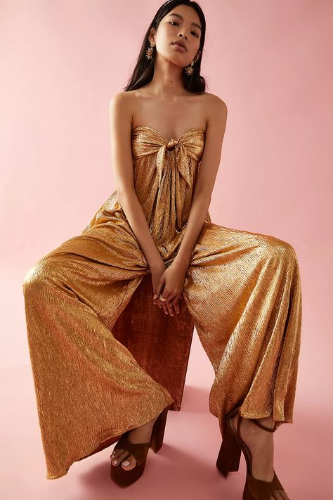 Studio 54 Fashion, Beaded Jumpsuit, Gold Jumpsuit, Sequin Jumpsuit, Strapless Jumpsuit, Free People Pants, Wide Legs, Wide Leg Denim, Boho Outfits