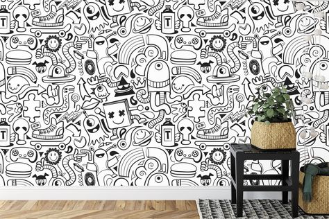 Imagine this framed! Doodle Mural, White Doodle, Wall Mural Wallpaper, Wallpaper Peel And Stick, Gift For Kids, Rooms Home Decor, Boy's Room, Easy Install, Wall Mural