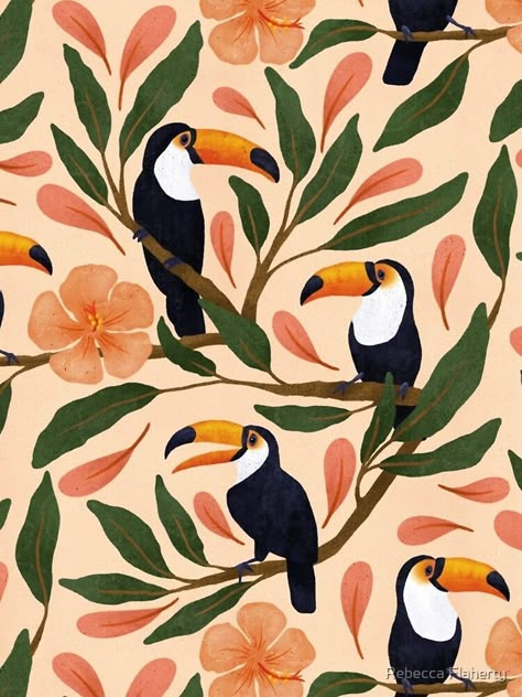 I drew this in the depths of winter while I was dreaming about the warm sunny days to come! Toucans in the Hibiscus by Rebecca Flaherty Tropical Animals, Bird Wallpaper, Nature Birds, Fabric Birds, Tropical Birds, Gouache Painting, Floral Illustrations, Surface Pattern Design, Surface Pattern