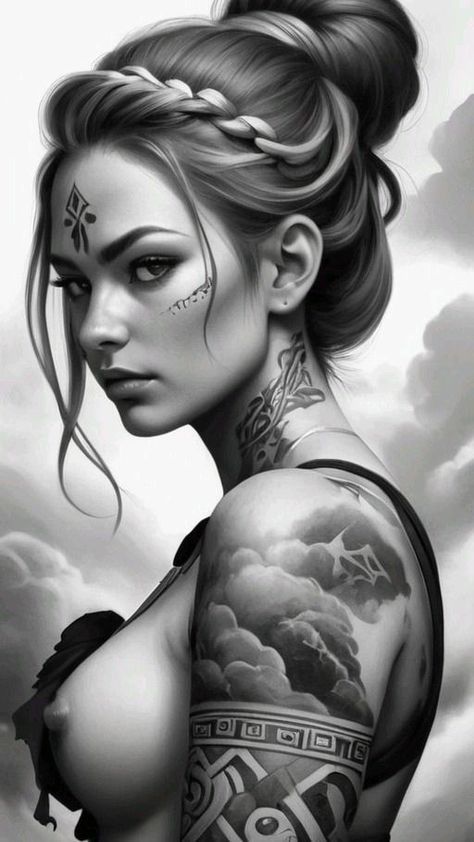 Female Warrior Tattoo, Arte Pin Up, Nude Artwork, Skull Art Drawing, Image Swag, Warrior Tattoo, Female Art Painting, Beauty Art Drawings, Virtual Art