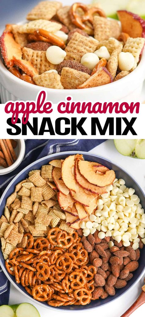 Apple Cinnamon Snack Mix puts a sweet, scrumptious spin on traditional Chex Mix that's so easy to make and OH SO addicting! #Realhousemoms #applecinnamon #snackmix #chexmix #almonds #chocolate #healthysnack #fall #thanksgiving #christmas #kidapproved #backtoschool Cinnamon Chex Mix Recipes, Thanksgiving Chex Mix Recipes, Fall Trail Mix Recipe, Kids Snack Mix, Fall Snack Mix Recipes, Fall Chex Mix Recipes, Cinnamon Chex Mix, Healthy Crunchy Snacks, Healthy Snack Mix