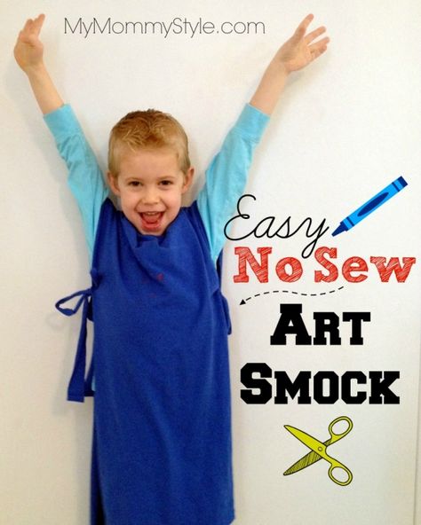 easy no sew art smock for kids... just made three of these in literally minutes. Kids Art Smock, Canvas Party, Baby Wipe Holder, Kids Smock, Smock Shirt, Art Smock, Sewing Aprons, Family Crafts, Kids Apron