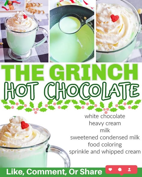 White Chocolate Hot Chocolate, Grinch Hot Chocolate, Christmas Drinks Recipes, Holiday Hot Chocolate, Crockpot Hot Chocolate, Chocolate Recipes Easy, Grinch Christmas Party, Christmas Punch Recipes, Hot Chocolate Recipe