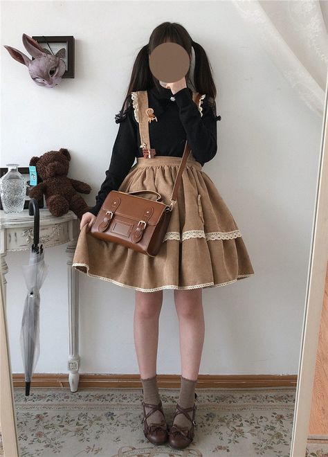 Lolita Kawaii bear in Casual style, corduroy 
women's skirt cute lace belt in style 
Vintage High School Waist Girl Black 
pleated skirt with suspenders Petticoat Outfit Casual Women, Skirt Suspenders Outfits, Petticoat Outfit Casual, Spring Petticoat Skirt, Summer Mini Skirt Petticoat, Flowy Style, Kawaii Pinafore Skirt, Lace Belt, Kawaii Bear, Women's Skirt