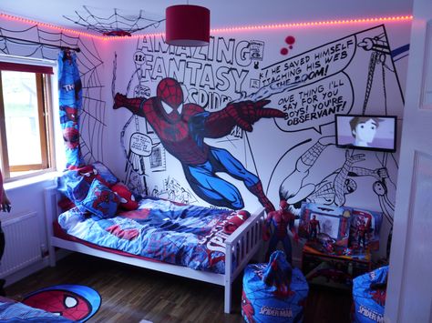 Man Bedroom Ideas, Spiderman Room Decor, Spiderman Bedroom, Man Bedroom, Spiderman Room, Marvel Room, All Spiderman, Superhero Bedroom, Boys Bedroom Makeover