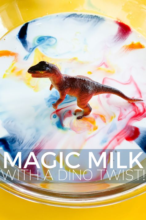 Magic Milk Science with Dinosaurs - Toddler Approved Science Activities For Toddlers, Dinosaur Lesson, Magic Milk, Dinosaur Activities Preschool, Preschool Fine Motor Skills, Toddler Science Experiments, Dinosaurs Preschool, Preschool Science Activities, Preschool Fine Motor