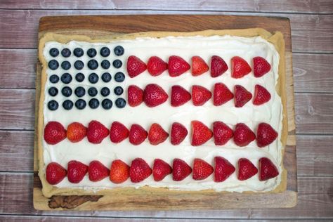 Patriotic Fruit Pizza 4th Of July Fruit Pizza, Patriotic Fruit Pizza, Amy Cook, 4th Of July Fruit, Fruit Pizza Crust, Strawberry Sugar Cookies, Sugar Cookie Crust, Fruit Pizza Recipe, Themed Desserts