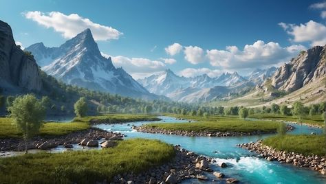 Discover the epitome of artistic mastery with our professional rendering of a captivating fantasy landscape. Marvel at the majestic mountain river as it gracefully flows through a mesmerizing terrain, adorned with lush vegetation and fantastical elements. Hd Landscape, Mountain River, Painting Inspo, Landscape Features, Clear Blue Sky, Landscape Illustration, Wallpaper Pictures, Mountain Range, Fantasy Landscape