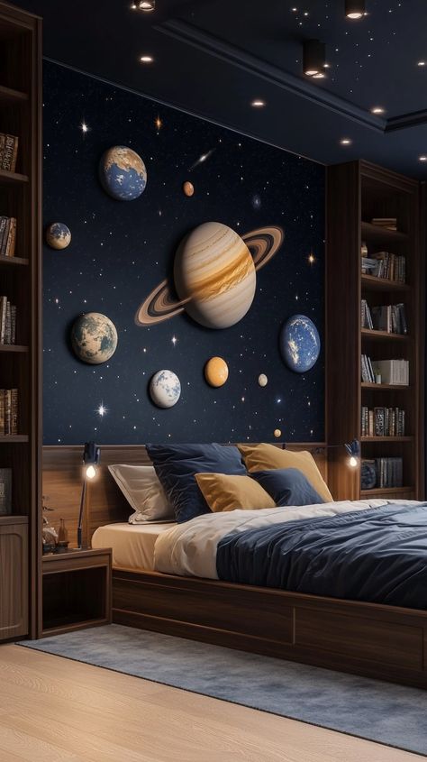 Cozy bedroom with dark blue planet wallpaper, large bed, bookshelves, and soft lighting for a modern, inviting atmosphere. Mountain Lodge Bedroom, Sci Fi Bedroom, Lodge Bedroom, Lavish Living Room, Dream Room Ideas, Industrial Home Offices, Plush Bed, Celestial Theme, Plush Bedding