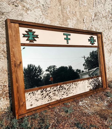 Cowhide Mirror, Snow Day Crafts, Western Mirrors, Western Mirror, Western Designs, Mirror Frame Diy, Leather Mirror, Western Wall Art, Homemade Stuff