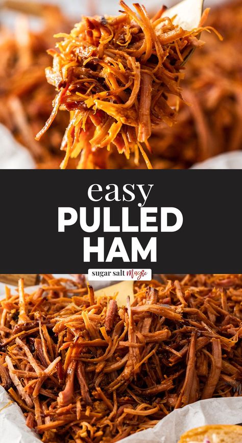 This slow cooker pulled ham is all kinds of savoury, sticky and sweet. With very little prep time and a simple glaze that gets all unctuous and caramelised, it’s a fantastic make ahead meal. You need to try this pulled ham and put it in tacos, burgers, salads, sandwiches, quiches, sliders, fried rice and quesadillas right now. I could go on. This slow cooked then shredded ham is incredibly simple to make and tastes amazing. Sticky, caramelised and salty, it’s truly a crowd-pleaser. Pulled Ham Slow Cooker, Shredded Ham Sandwiches, Pulled Ham Recipes Oven, Pulled Ham Sandwiches, Shredded Ham Slow Cooker, Pulled Ham Crockpot, Smoked Shredded Ham, Easy Ham Crockpot Recipes, Pulled Ham In Oven