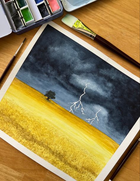 Watercolor lightening storm in a canola field painted by @jackies_art Canola Field Painting, Watercolor Storm Clouds, Thunderstorm Watercolor, Thunderstorm Painting, Storm Watercolor, Rain Thunderstorms, Tomato Drawing, Mom Calendar, Watercolor Painting Easy