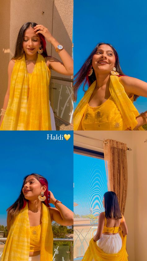 Haldi ceremony self portraits 💛 Haldi Ceremony Photo Poses, Haldi Ceremony Picture Ideas, Poses For Haldi Ceremony, Aesthetic Haldi Outfits, Haldi Story Ideas, Haldi Aesthetic Photos, Haldi Ceremony Aesthetic, Haldi Ceremony Snap, Haldi Instagram Story Ideas