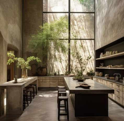 Eco Brutalist Interior, Brutalist Cafe, Eco Brutalism, Concrete Farmhouse, Chalet Kitchen, Concrete Interior Design, Coffee House Design, Country Kitchen Ideas, Country Vibes