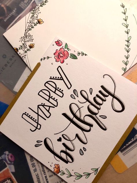 Birthday Card Inspo, Calligraphy Birthday Card, Calligraphy Birthday, Happy Birthday Cards Handmade, Happy Birthday Cards Diy, Creative Birthday Cards, Calligraphy Cards, Hand Lettering Cards, Watercolor Birthday Cards