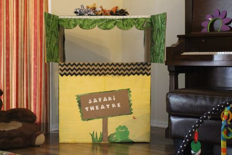 DIY Safari #Puppet #Show or "theatre"- I made this out of a big #box for my son's birthday party. I spray painted the bottom, added burlap and covered the whole thing with jungle wrapping paper that I found at Michael's. Theatre Diy, Son's Birthday, Vbs 2024, Puppet Theater, Puppet Show, My Son Birthday, Second Birthday, Spray Paint, Diy For Kids