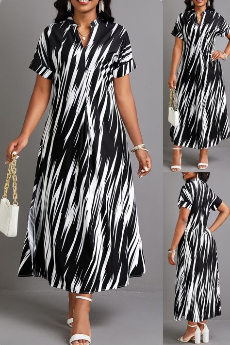 This dress has a flowy design and comes in the color black. It features a geometric and striped print and has a maxi length. The dress has short sleeves and a split neckline with a body sleeve style. It's perfect for summer and vacation wear, but can also be worn for everyday occasions. The dress is made of 100% polyester and can be washed by hand or machine. The package includes one dress. #maxidress #longdress #maxydres #workwear #workwearstyle #workwearfashion #officewear #workclothes Straight Dresses Designs, Stripe Dresses For Women, Chiffon Dress Designs Style, Straight Dresses For Women, Straight Dress Styles, Modesty Dress, Simple Dress Casual, Striped Print Dresses, Clothing Pattern Design