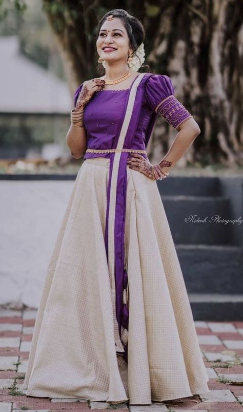 Traditional Dresses In Kerala, Kerala Davani Blouse Designs, Kerala Traditional Blouse Designs, Hindhu Engagement Kerala Dress, Dhawani Designs Kerala Wedding, Half Saree Poses At Home, Kerala Blouse Designs, Dhavani Blouse Designs, Kerala Bridal Blouse Designs