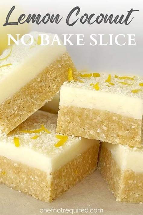 This lemon coconut slice tastes amazing and is super easy! It's a no bake slice (fridge slice) with a sweetened condensed milk base using crushed biscuits and plenty of zingy fresh lemon. It's also got a soft and fluffy lemon frosting! #chefnotrequired #slicerecipes #slices #nobakeslice No Bake Lemon Slice, No Bake Slice, Condensed Milk Recipes Easy, Lemon Biscuits, No Bake Slices, Sunshine Food, No Bake Lemon, Slice Recipes, Coconut Slice