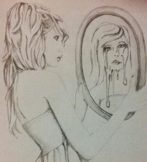 Girl Looking In Mirror Art, Mirror Drawing, Reflection Drawing, Face Sketches, Mirror Drawings, Reflection Art, Person Drawing, Gothic Fantasy Art, Girl Drawings