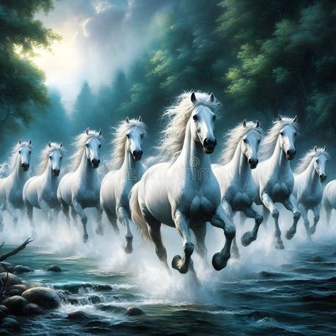 In a wooded river with rocks and trees in the background, white horses run through a group. royalty free stock photo Horses Running, Wood River, Run Through, Running Horses, White Horses, Running Water, Ceiling Tiles, Background White, Sea Birds